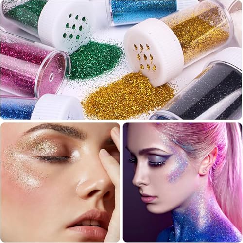 Heanvmyss Feiner Glitzer in 12 Leuchtenden Farben,Glitter für Handwerk,Gesicht Glitter,Bastel Glitzerpulver,Körpernagelglitzer für Party,Kunstunterricht,Bühnen-Make-up(Je 18g)