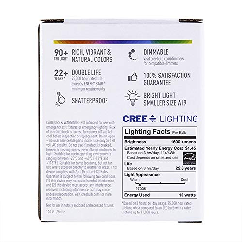 Cree Lighting A19 100W Equivalent Led Bulb, 1600 Lumens, Dimmable, Soft White 2700K, 25,000 Hour Rated Life, 90+ Cri | 1-Pack #TOP6