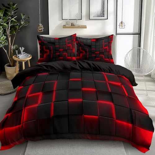 Black Duvet Cover Queen Size for Kids Teen Geometric Red Print Bedding Sets with 2 Pillowcase, Reversible Super Soft Bedroom Decor Bed Cover 3 Piece for Boys Girls