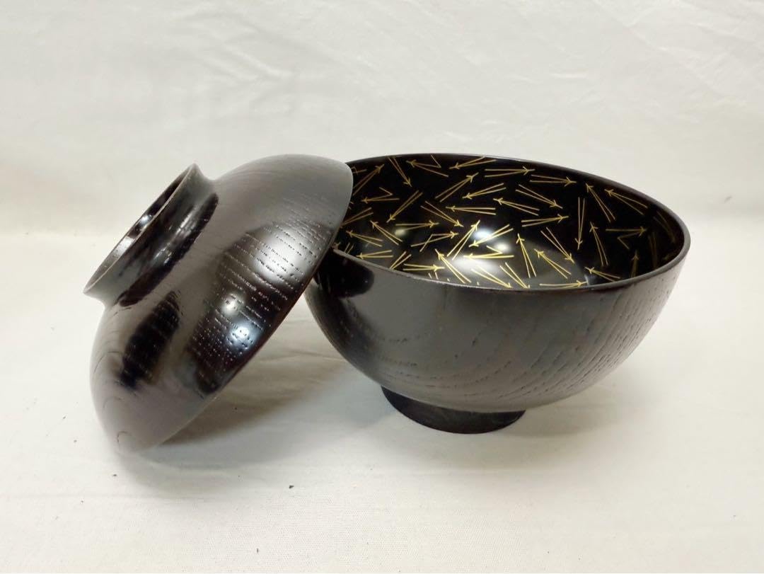 ほぼ 懐石道具 木製黒塗 吸物椀 金彩松葉見返し蒔絵 木箱