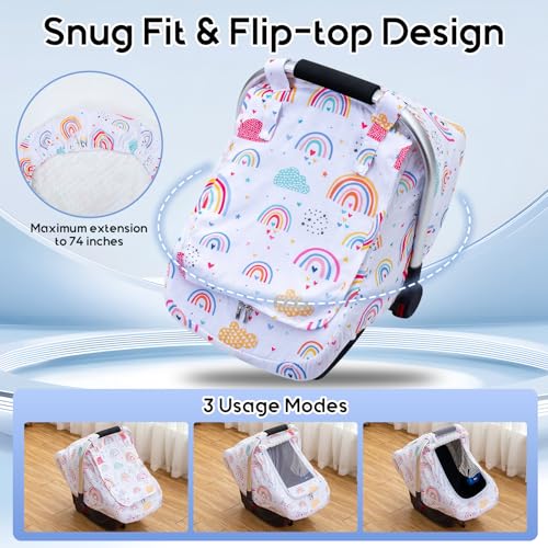 Image of Baby Car Seat Cover for Girls, Breathable Infant Car Seat Cover for Outdoor | Warm Carseat Cover with Privacy Sun Shade & Mesh Window, Easy Access Baby Carrier Cover Fit Baby Stroller