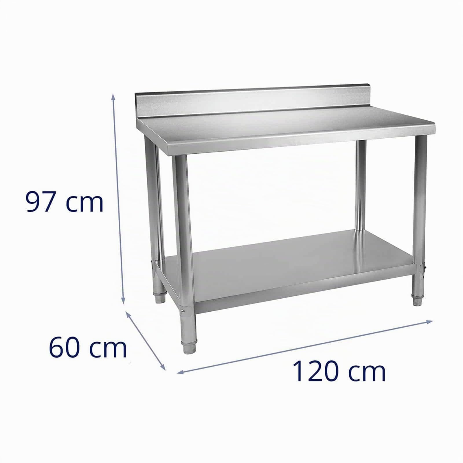 Royal Catering Table De Travail Adossée Cuisine Professionnel Préparation Confection Boucher Avec Tablette RCAT-120/60-N (120x60cm, Capacité 250 kg, Plan 150 kg + Étagère 100 kg, Dosseret 11 cm, Inox)