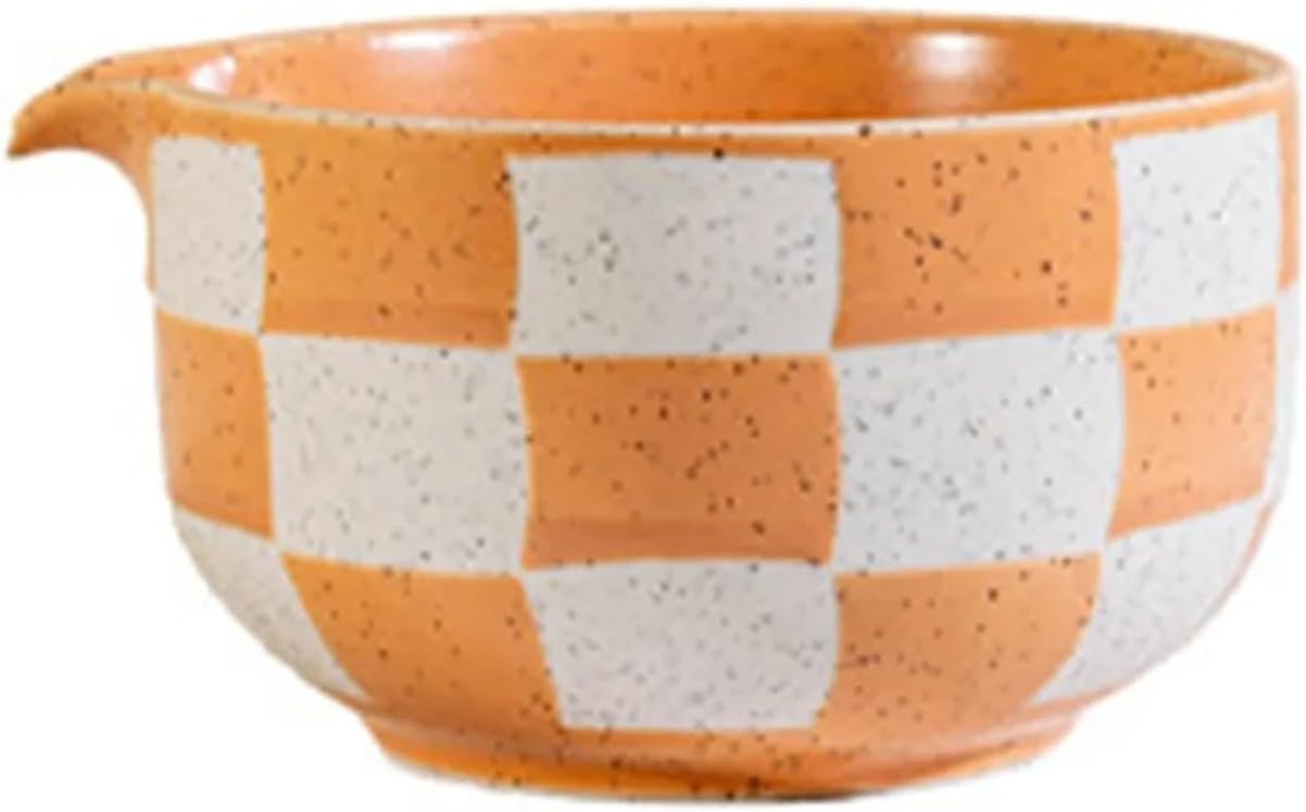 Ceramic Matcha Bowl Checkered Pattern Smooth Whisk Stand Temperature Resistant Large Capacity Green Tea Maker Cup(Orange-A)