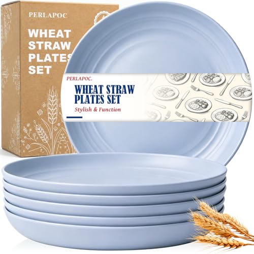 Image of 6PCS 11In Reusable Wheat Straw Deep Plates for Dinner, LightBlue | Unbreakable Plastic Plate with lip edge, Microwave & Dishwasher Safe for Home, Party, Travel