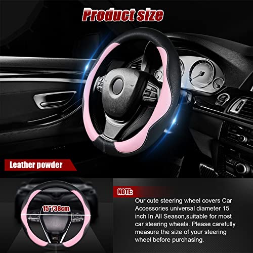 Pink Steering Wheel Cover, Anti Slip Breathable Comfort Pu Imitation Leather Cute Car Accessories For Women Girl, Universal Protector In All Season 15 Inch Fit Most Car #TOP3
