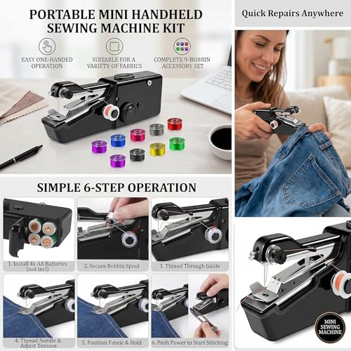 Image of Handheld Sewing Machine, Portable Hand Held Sewing Machine for Adults & Beginners, Cordless Mini Electric Hemming Tool for Denim, Fabric & Quick Home & Travel Repairs (Black)