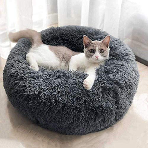 LONTG Calming Pet Bed Cushion Fluffy Plush Cat Bed Puppy Donut Cuddle Bed Cozy Pet Nest Pet Sofa Round Basket Bed Sleeping Bed Mat For Small Medium Dogs Cats Kitten Non-Slip Bottom Washable 55cm