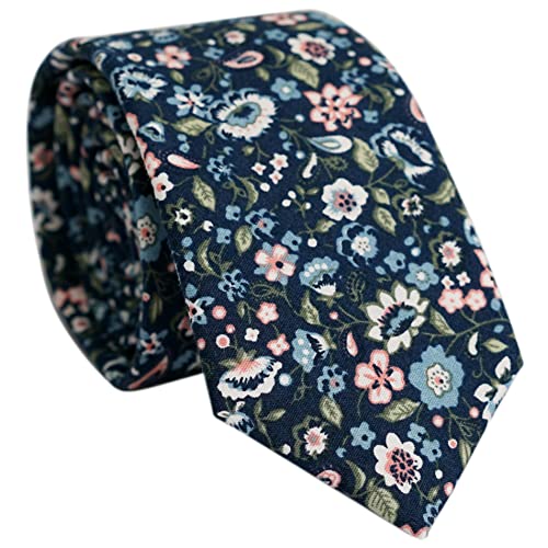 BELLUNO Floral Skinny Tie for Men, Slim Flower Ties for Wedding, Activities, Gift Box, Navy Green, Navy Grass, Skinny