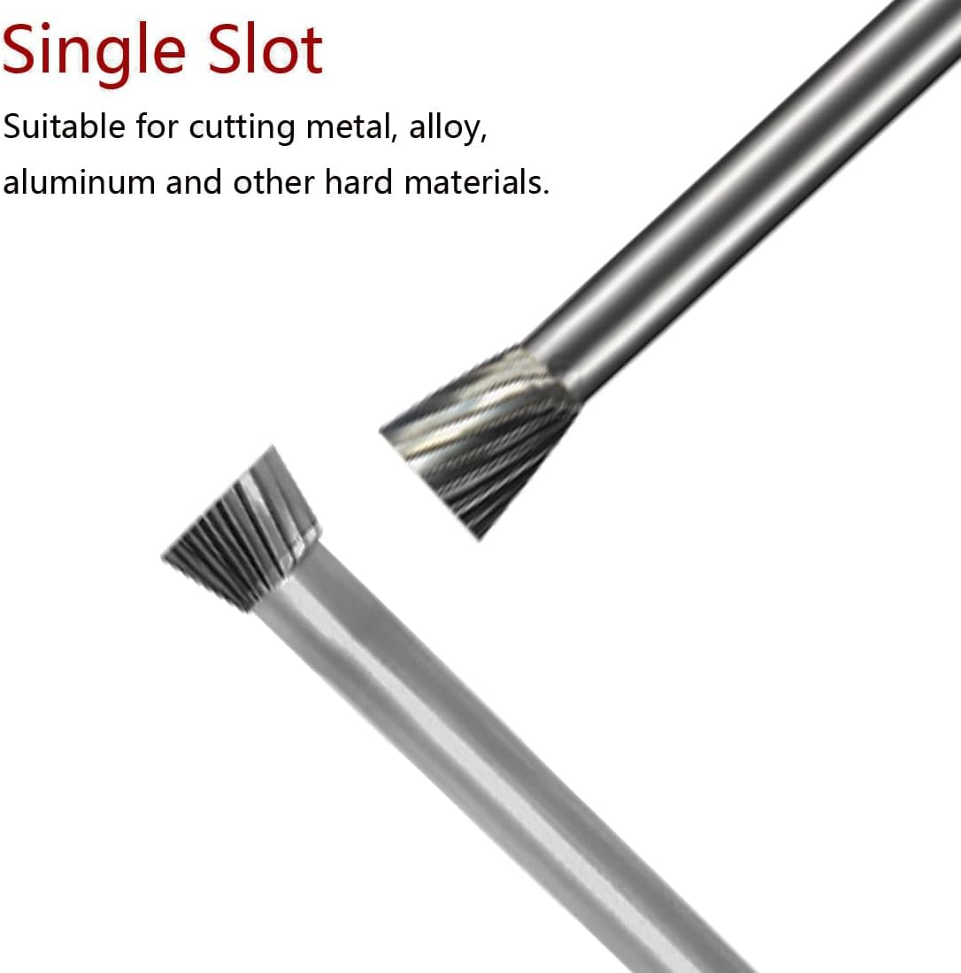 4 Pcs Single Slot Carbide Burr, 1/4'' Shank Inverted Cone Shape Aluminum Cutting Carbide Burs for Rotary Tools (N Type)