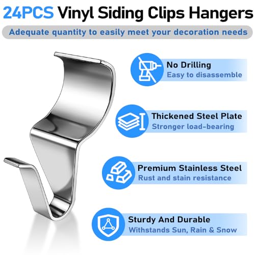 Vicsamer 24PCS Vinyl Siding Hook, Thicken Stainless Steel Vinyl Siding Clips Hangers, Heavy-Duty No Drill Vinyl Hook for Outdoor Decor, Hanging on Patio, Christmas Wreath Hangers
