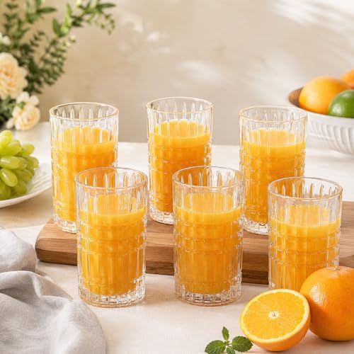 Image of bellemax 350 ML Long Ribbed Drinking Glass | Premium Transparent Water Juice Glasses | Elegant Tall Tumbler Glasses for Water, Juice, Cold Drinks, Mocktails & Cocktails(Set of 6)