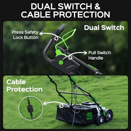 TIECTOWN 2026 Upgrade 16-Inch 15.5 Amp 2-in-1 Electric Dethatcher and Scarifier with 14.5-Gallon Collection Bag, Lawn Dethatcher with 5-Position Depth Adjustment, Keeps Lawn Healthy – Lime Green