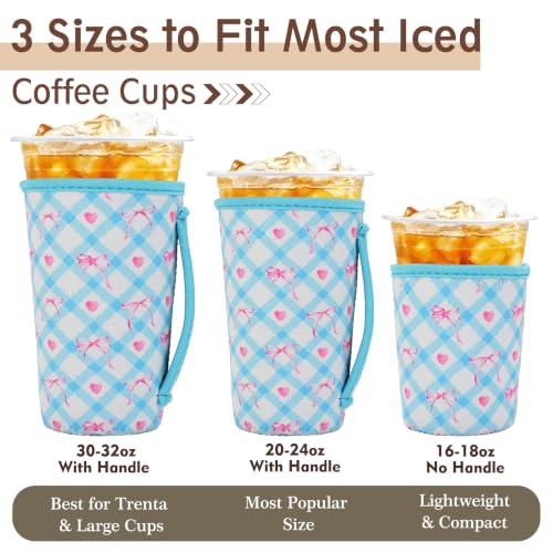 Image of KJQJLY 3 Reusable Iced Coffee Sleeves for Iced Coffee Cups or Drinks Reusable Neoprene Insulated Sleeves for Hot and Cold Drinks from Starbucks, Dunkin, And More (Blue Argyle Bows)