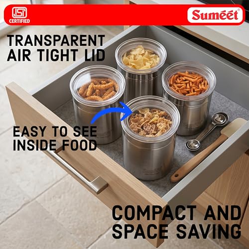 Image of Sumeet ISI Certified Stainless Steel Big Canisters /Dabba /Storage Containers for Kitchen with See Through Air Tight Lid - Set of 4 Pcs - 1100ml, 10cm Dia, Silver