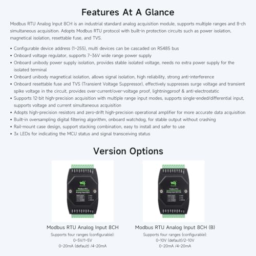 Waveshare Industrial 8-Ch Analog Acquisition Module, 12-Bit High-Precision, Supports Voltage and Current Acquisition, DC 7~36V Wide Voltage Power Supply, 8-ch Voltage Mode, 0~10V - Image 5