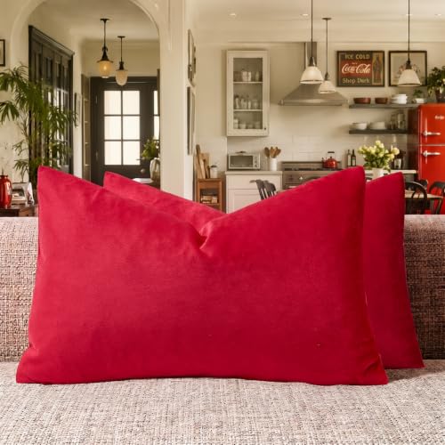 Image of GIGIZAZA Red Velvet Decorative Throw Pillow Covers for Sofa Bed 2 Pack Soft Cushion Cover (Red, 12 x 20- Set of 2)