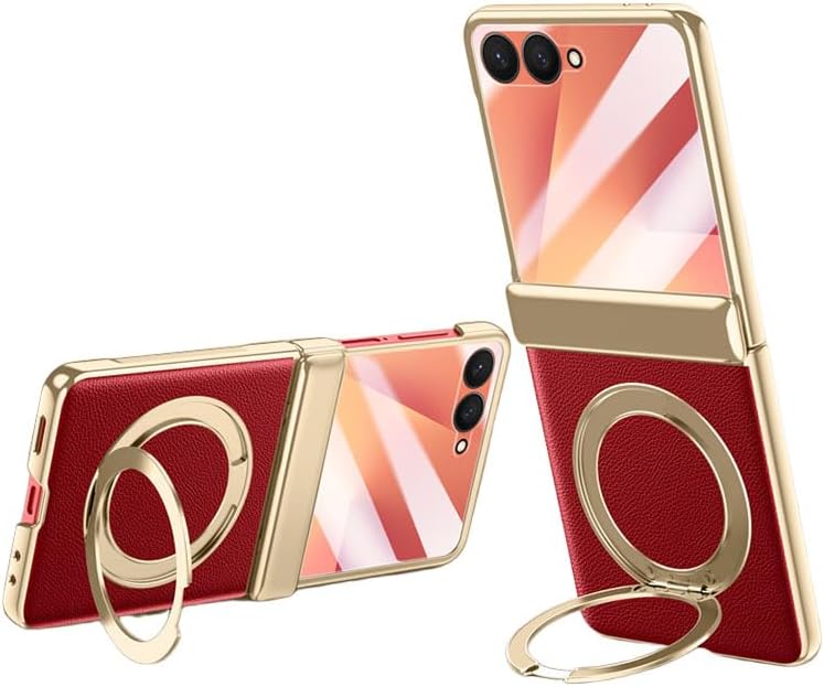 Leather for Samsung Galaxy Z Flip 7 Case, Built-in Screen ProtectorAnti-ScratchHinge Protection Kickstand Ultra Thin Stylish PC Durable Shockproof Cover Phone Case for Galaxy Z Flip 7 (Red)