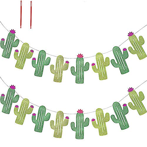 16 Pcs/15.6' (2 Pack) Fiesta Bachelorette Graduation Party Cactus Banner Garland Backgound String Cactus Glitter Green for Kids Birthday Summer Tropical Wedding Taco Cinco De Mayo Party Decor Favor