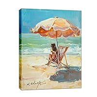 JZLDZS Large Beach Scene Orange Umbrella & Woman on Chair Wall Art, Coastal Decor Framed Seaside Summer Vibes Canvas Print Pictures for Bedroom Living Room 24x32 Inch