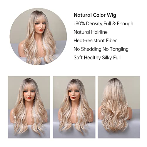 Emmor Long Blonde Mixed White Wave Wig With Bangs Dark Roots Curly Wig For Women Synthetic Wig Natural Looking Heat Resistant Fiber Wigs #TOP1