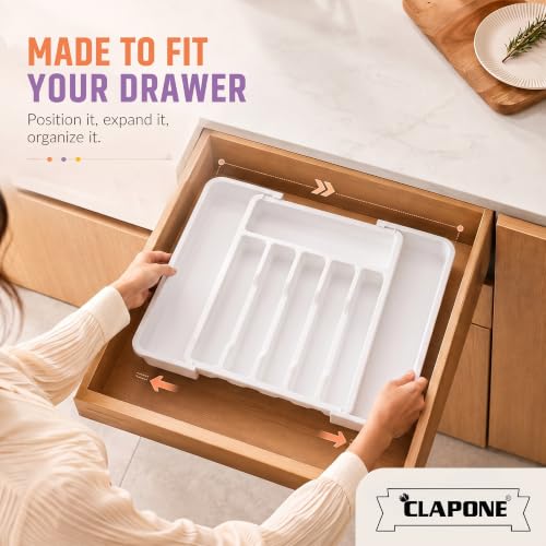 Image of CLAPONE Drawer Organizer Tray /Kitchen Expandable Utensil Tray /Adjustable Utensil Organizer /Cutlery Silverware Flatware Holder /Divider for Spoons Forks Knives Tableware (White, 2 Pieces)