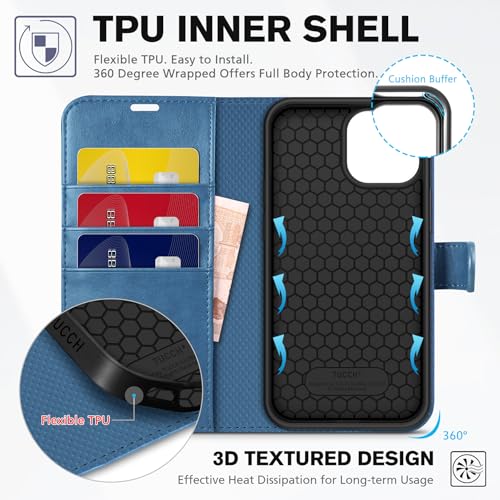 Image of TUCCH Wallet Case for iPhone 13 (6.1 inch) 2021, Flip Stand, Lake Blue | RFID Blocking, 3 Card Holders, Kickstand, PU Leather, Shockproof TPU Shell, Magnetic Closure, Protective Folio Cover