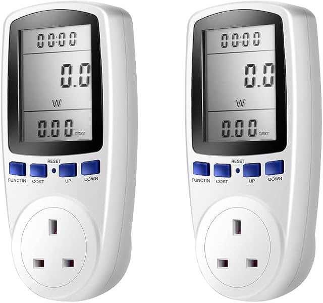 Swetup Power Meter Energy Monitor,2pcs Electricity Usage Monitor Uk Plug,Electric Power Consumption Monitor with 7 Monitoring Mode, Overload Warning for Home Appliances Amp Wattage Volt Meter Analyzer