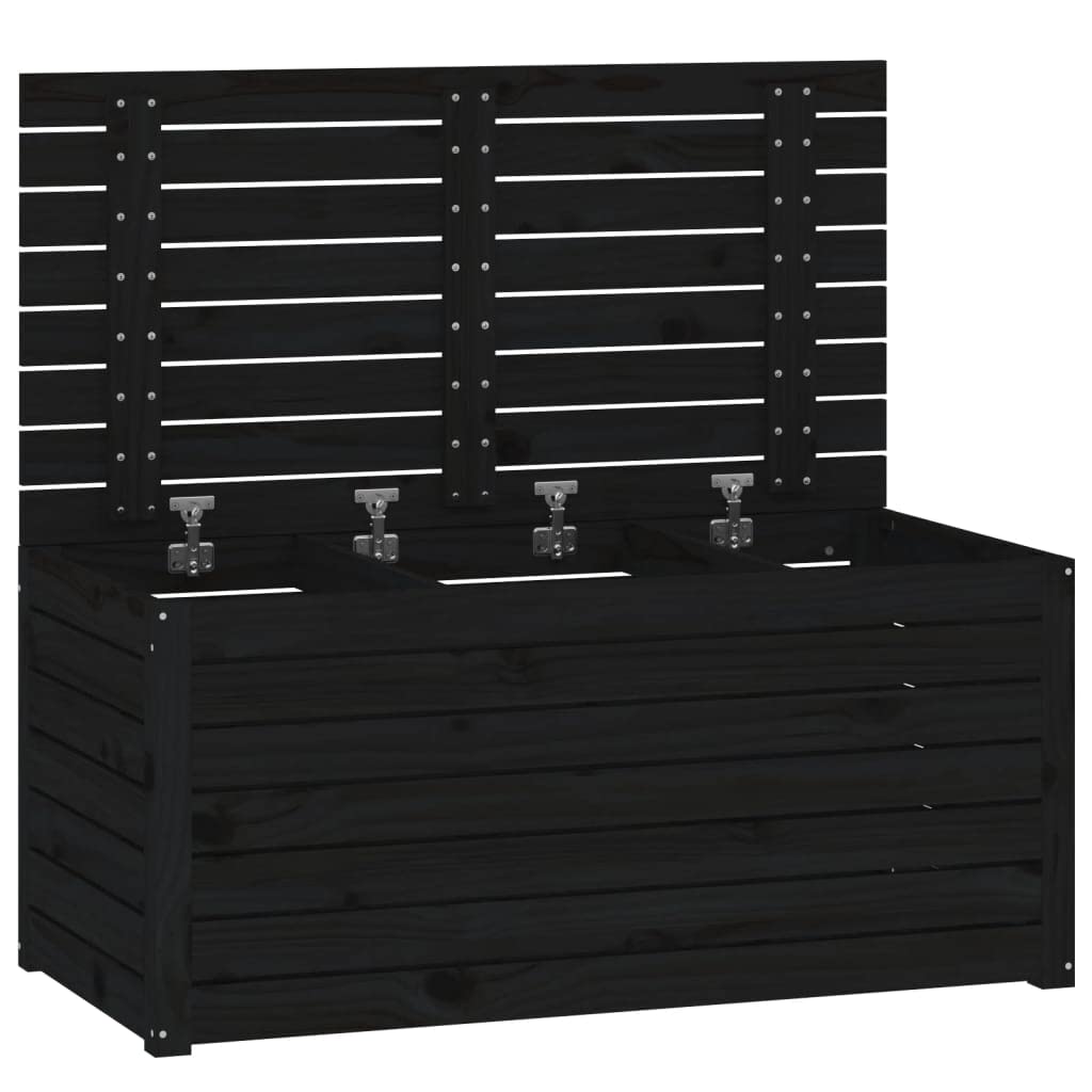 Caja de cojín para jardín, color negro, 101 x 50,5 x 46,5 cm, madera maciza de pino, caja de almacenamiento de herramientas de jardín para exterior, balcón o terraza
