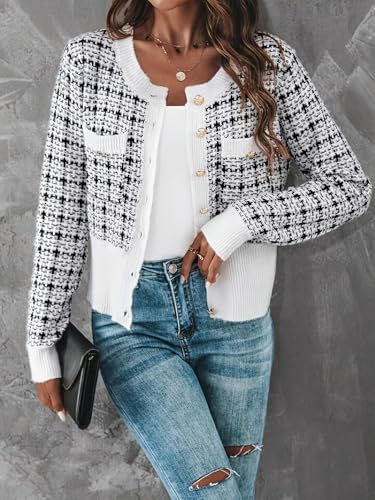 chouyatou Women's Warm Fall Tweed Open Front Knit Cardigan Cozy Plaid Business Casual Sweater Jacket3