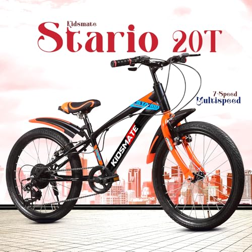 Image of Kidsmate Stario Bike 20T 7 Speed Kids Cycle | Frame Size 12 Inch | Gear Bicycle for Boys & Girls of Ages 7 to 10 Yrs - Black /Orange