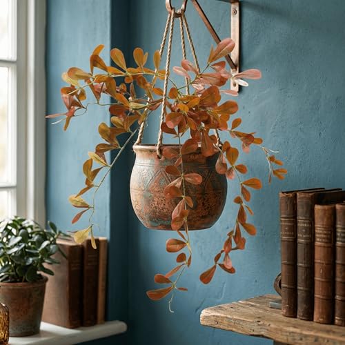 Image of Dekorly 2 Pack Artificial Plants Artificial Hanging Plants Faux Eucalyptus Leaf Greenery Fake Hanging Eucalyptus Plant (Green) (1, Orange)