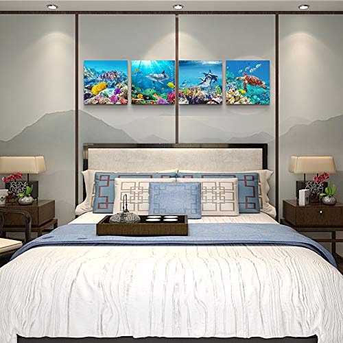 Mhartk66 Canvas Wall Art - Coral And Fish Modern Home Decor Stretched And Framed Ready To Hang Ocean Theme Sea Fish And Sea Turtles Mediterranean Style Canvas Prints The Bathroom Wall Decor- 4 Panels #TOP2