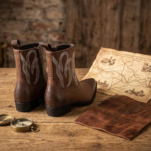 Men's Black Leather Western Cowboy Ankle Boots, Embroidered Flame Design, Side Zipper, Pointed Toe (brown, standard, Adult, Men, 13, Numeric, US Footwear Size System, Medium) — view 4