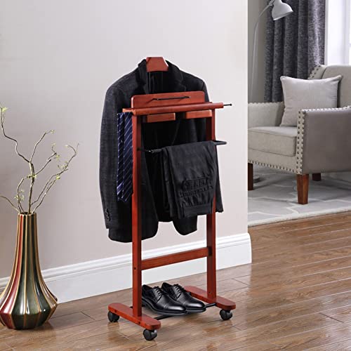Elegante soporte de madera y metal con ruedas, pantalones, corbata, cinturón y estantes – Elegante organizador de ropa para dormitorio y armario soluciones de almacenamiento