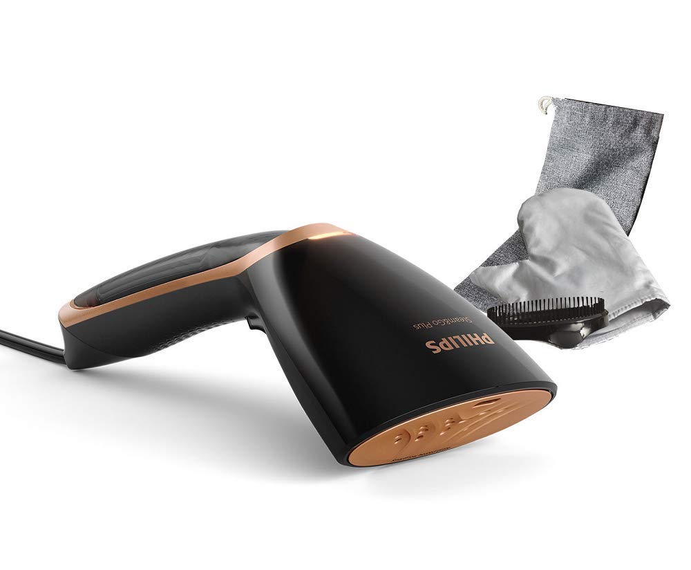 Philips Steam&Go GC365/80 Dampfglätter (1300 Watt, SmartFlow Heizplatte, Bürstenaufsatz) schwarz/gold (Generalüberholt)