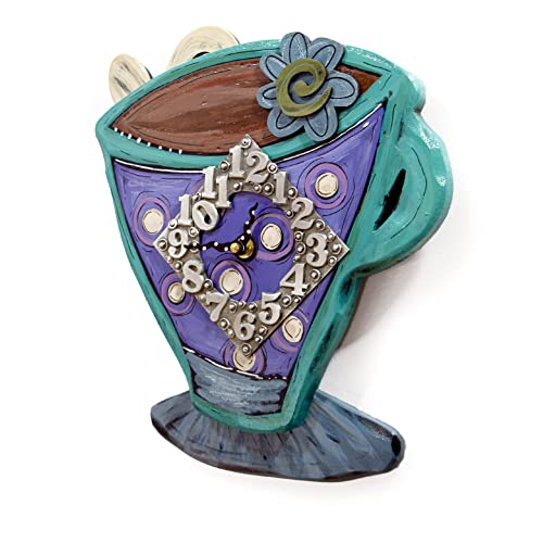Modern Artisans Teal Teacup Kitchen Wall Art Clock, Carved Wood & Pewter, Handmade In The Usa, 10-Inches #TOP1