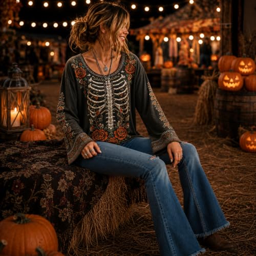 Womens Halloween Shirts Vintage Skeleton Crew Neck Bell Sleeve Top - image 3