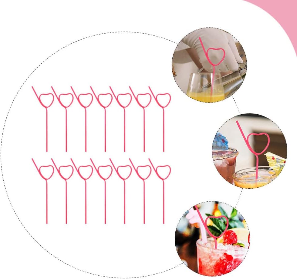 25Pcs Cocktail Plastic Straws Heart Shape Reusable Drinking Straws Long Flexible Straws for Shower Birthday Party Supplies Rosy