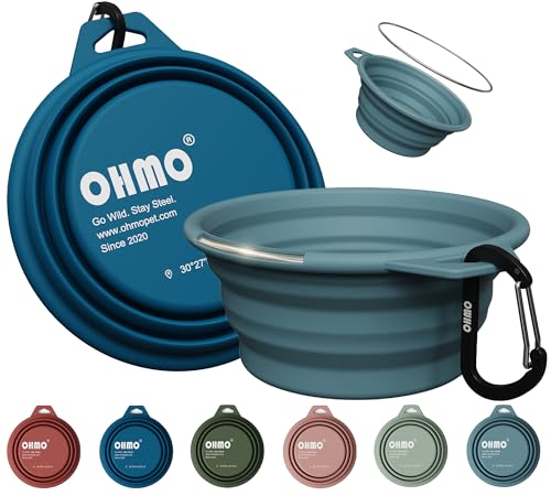 OHMO Ciotola Cane Portatile con Anello Acciaio Inox (2 pz., 400ml, Blu Scuro+Azzurro), Ciotola Pieghevole Silicone per Cani e Gatti, Kit Viaggio