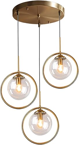 Miniatura 10 de Debbte Lámpara colgante industrial vintage de 3 luces, anillo de metal de latón con pantalla de globo de vidrio, lámpara colgante de techo retro,
