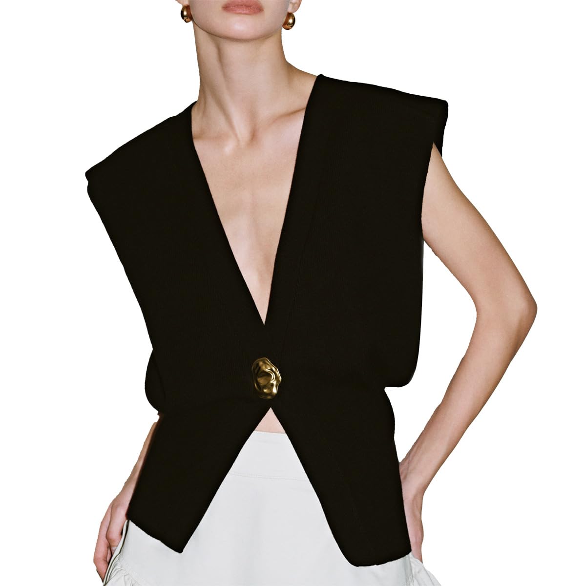 URBAN REVIVO Womens Sweater Vest Sleeveless V-Neck Knit Tops Lightweight with Gold Leaf Button Down Cardigans