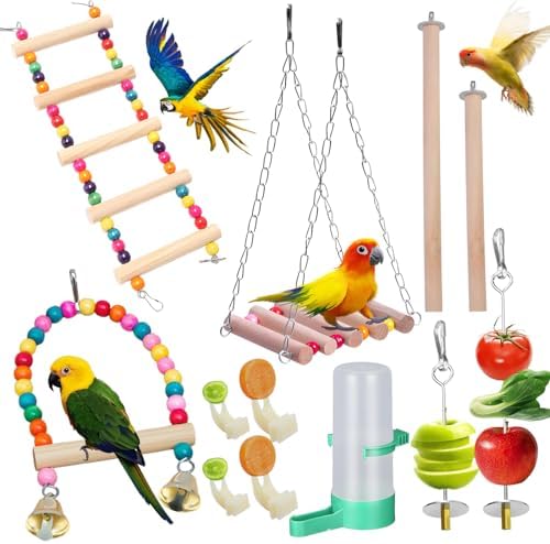 12 Juguetes Agapornis de Madera Columpios Hamaca Escalera y Otros Colgantes Ideales para Agaporni Loros Cockatiels Jaula Loro y Otras Jaulas Incluidos