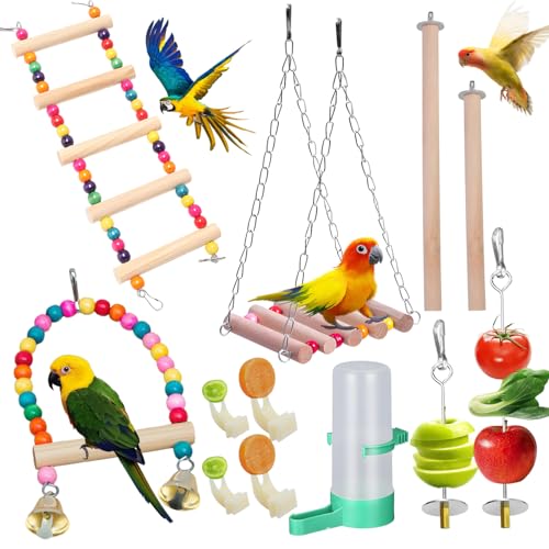 12 Teiliges Wellensittich Spielzeug Hölzernes Set Hängendem Vogelspielzeug mit Swing Ladder Hammock u. a. Sowie Vogelkäfig Zubehör Gut für Papageien Finken und Winzige Haustiere