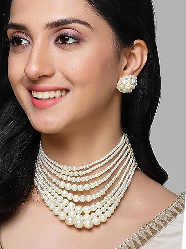 Image of Karatcart Pearl Multilayer Beaded Choker Necklace Set for Women
