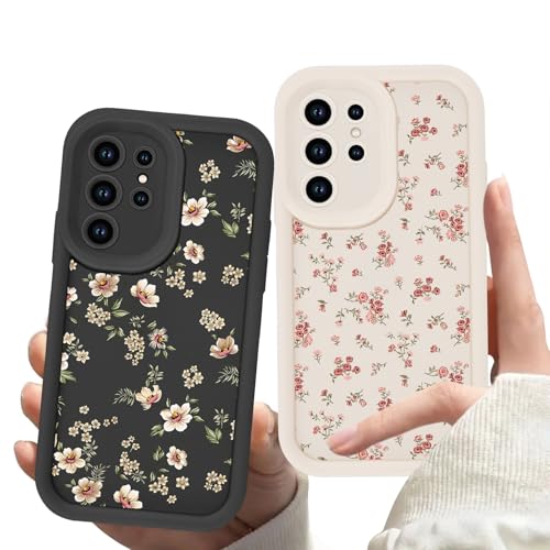 Zrutru 2 Pack Flower Phone Case for Samsung Galaxy S21 Ultra 5G S30 Ultra 6.8",Cute Floral Print Cases Unique Plant Design Pattern for Women Girls Teens,Soft Shockproof Protective Cover Beige Black