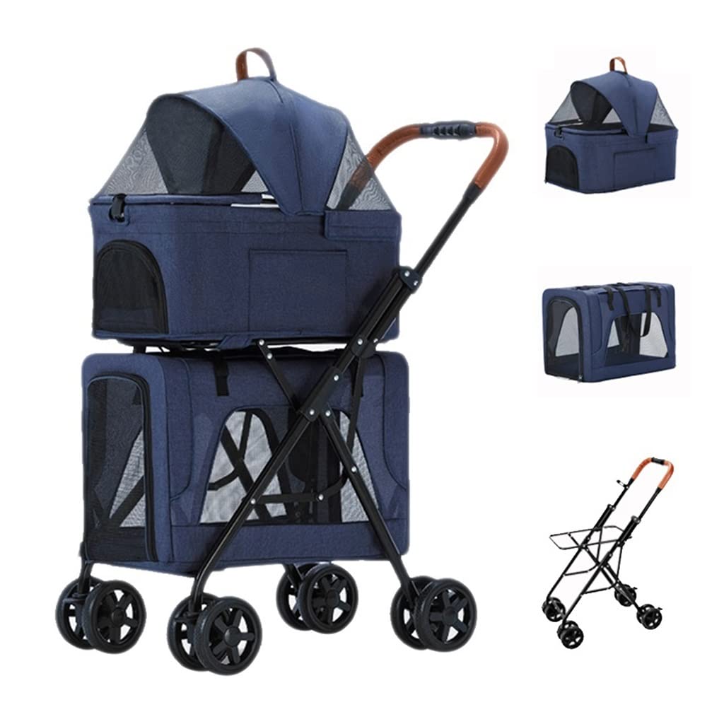 Foldable Pet Trolley Double Pet Pram Stroller for 2 Dogs/Cats, Double-Layer Cat Dog Strollers Pushchair Great for Twin Or Multiple, Breathable Travel Carrier Detachable Cage