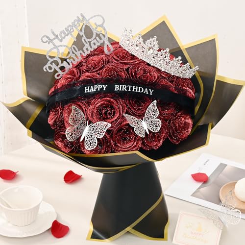 Waipfaru Glitter Roses Bouquet, Birthday Gifts for Women Mom, DIY Fake Flowers Bouquet with Birthday Stand-Up Signs, 36 Red Rose for Grandma Wife Friends - Image 6