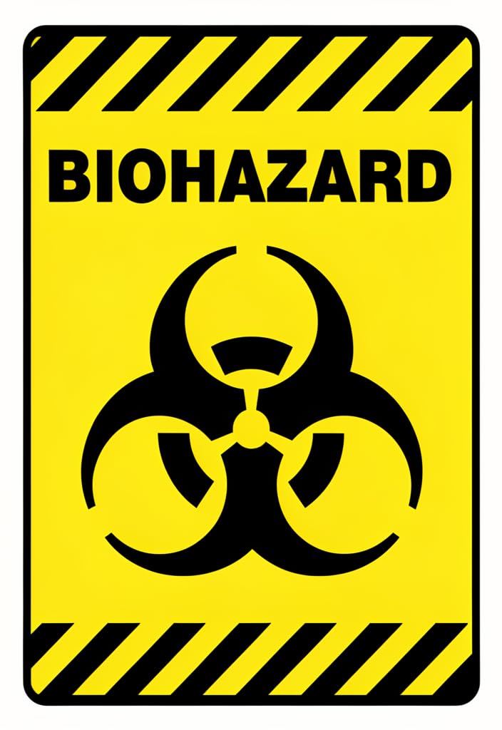 peiyeety Biohazard Warning Tin Sign 12x8 Inch, Yellow & Black Hazard Stripe Metal Wall Decor Plaque, Bold Biohazard Symbol Safety Sign for Lab, Garage, Man Cave
