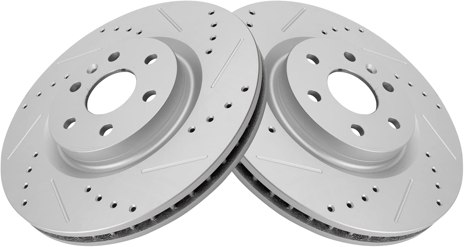 TRQ Front Performance Brake Rotors Set Premium G-Coated Cross Drilled & Slotted Compatible with 2010-2016 Cadillac SRX 2011 Saab 9-4X