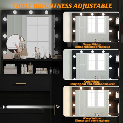 Garvee Vanity Desk with Mirror and Light Bulbs, Makeup Table with Open Shelves and Drawers, Dressing Table Set with Upholstered Stool and Cabinet for Women, Bedroom, Dressing Room, White